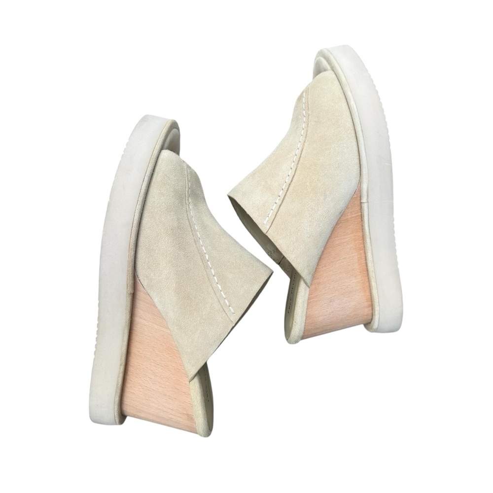 Free People Running in Wedges Slides Cafe Beige Tan Wood Heel Sz 8.5